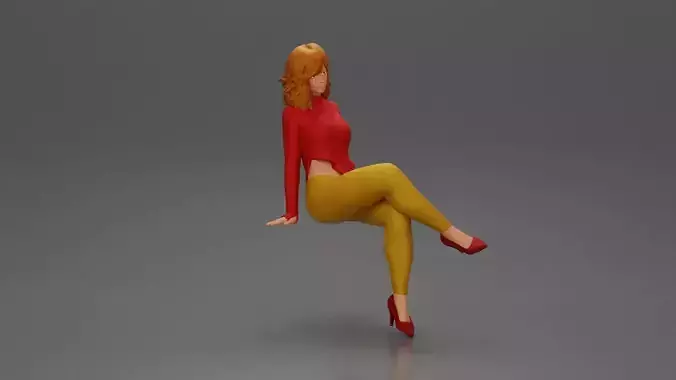 Stylish woman sitting confidently in red top yellow pants heels 3D print model