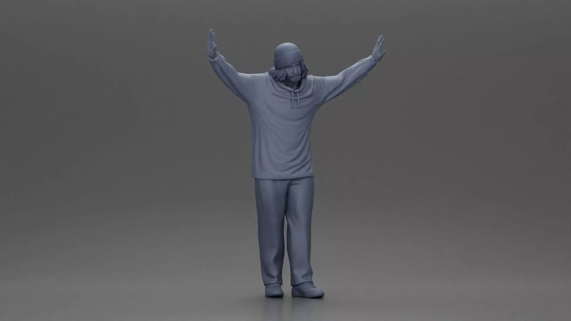 Man wearing hoodie and beanie raises hands looking happy 3D print model_6
