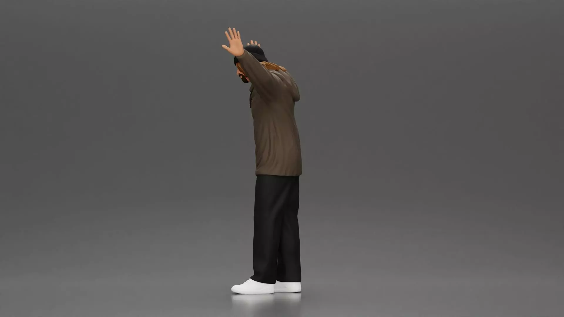 Man wearing hoodie and beanie raises hands looking happy 3D print model_4