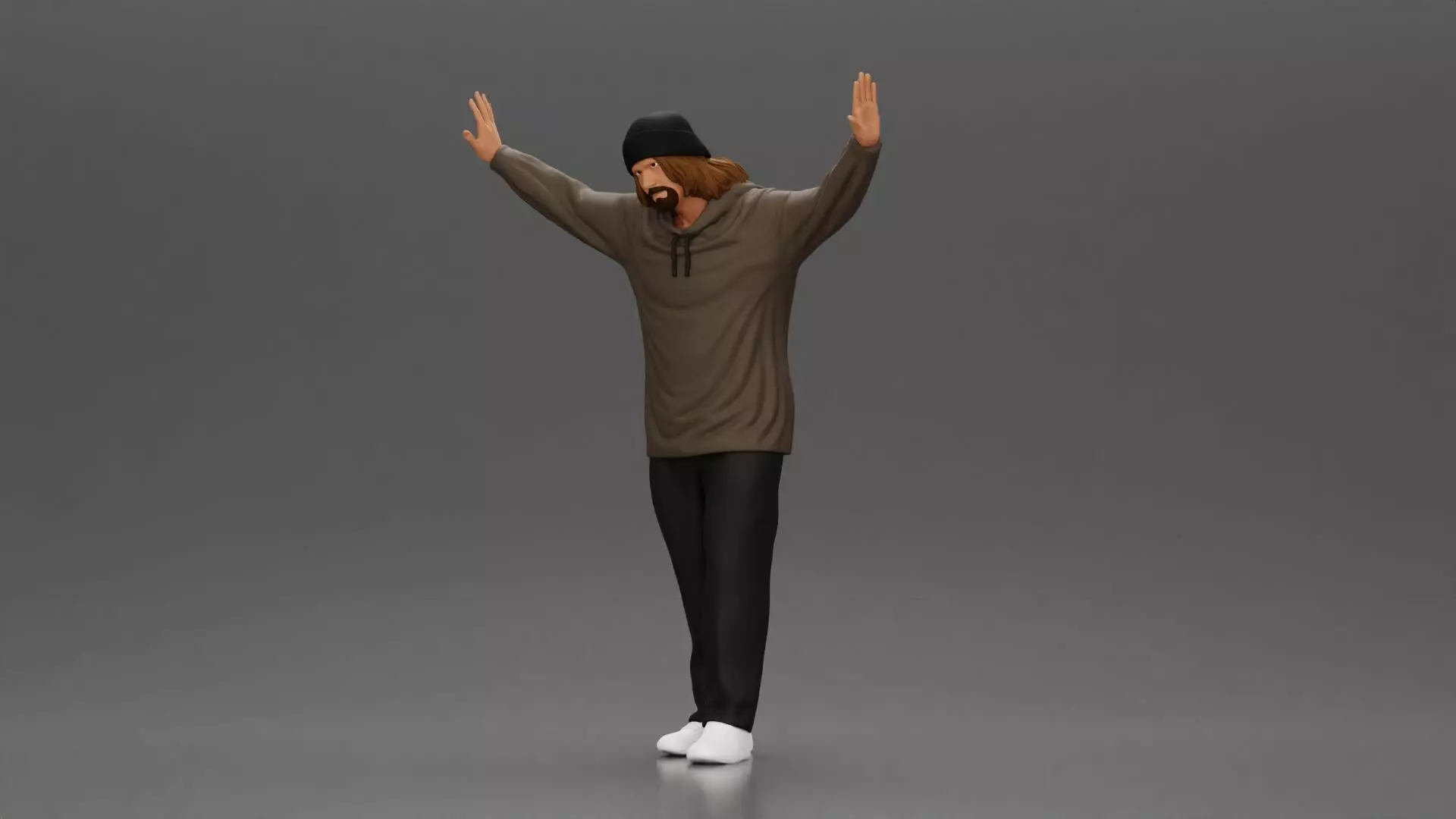 Man wearing hoodie and beanie raises hands looking happy 3D print model_5