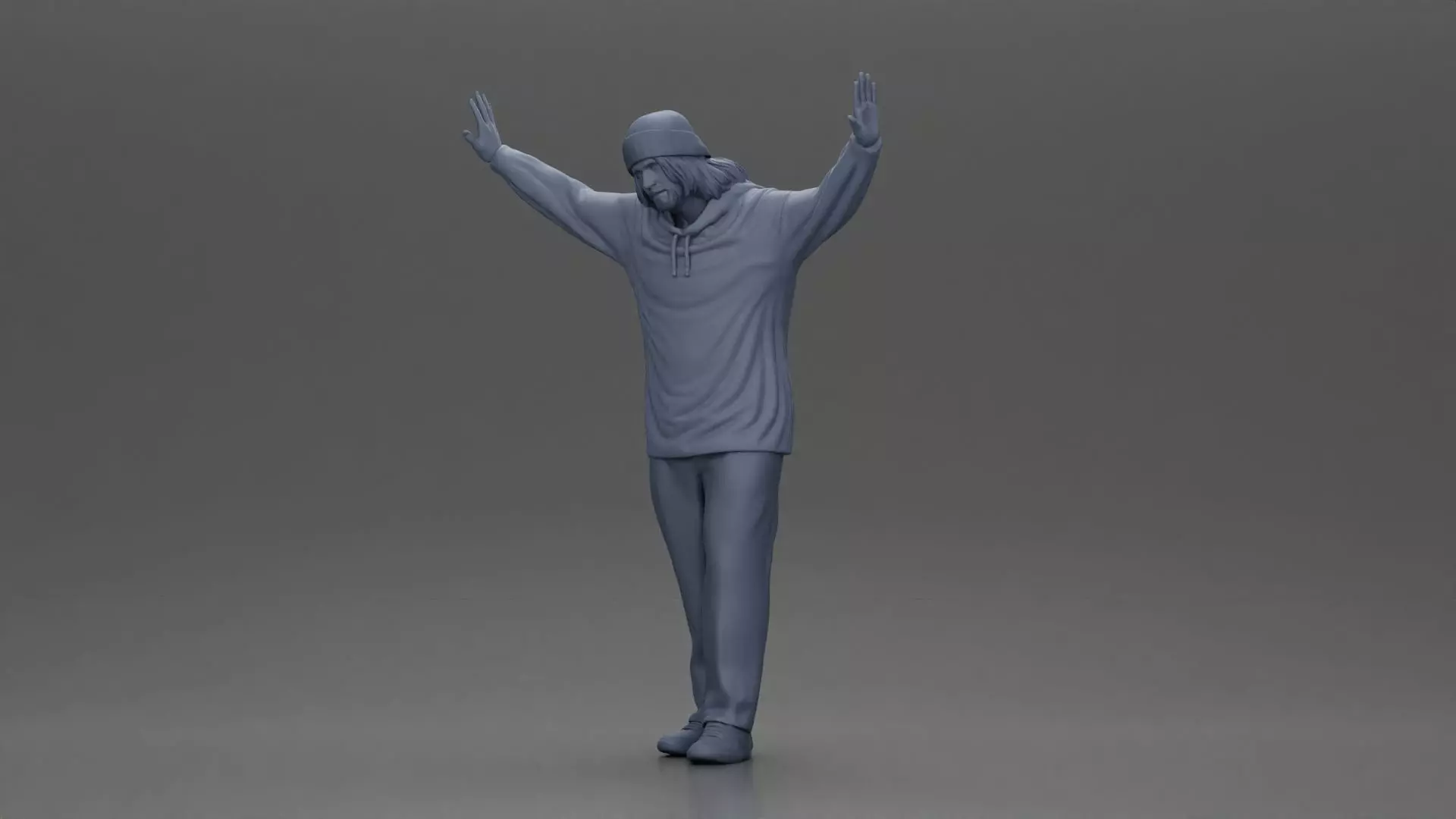 Man wearing hoodie and beanie raises hands looking happy 3D print model_11