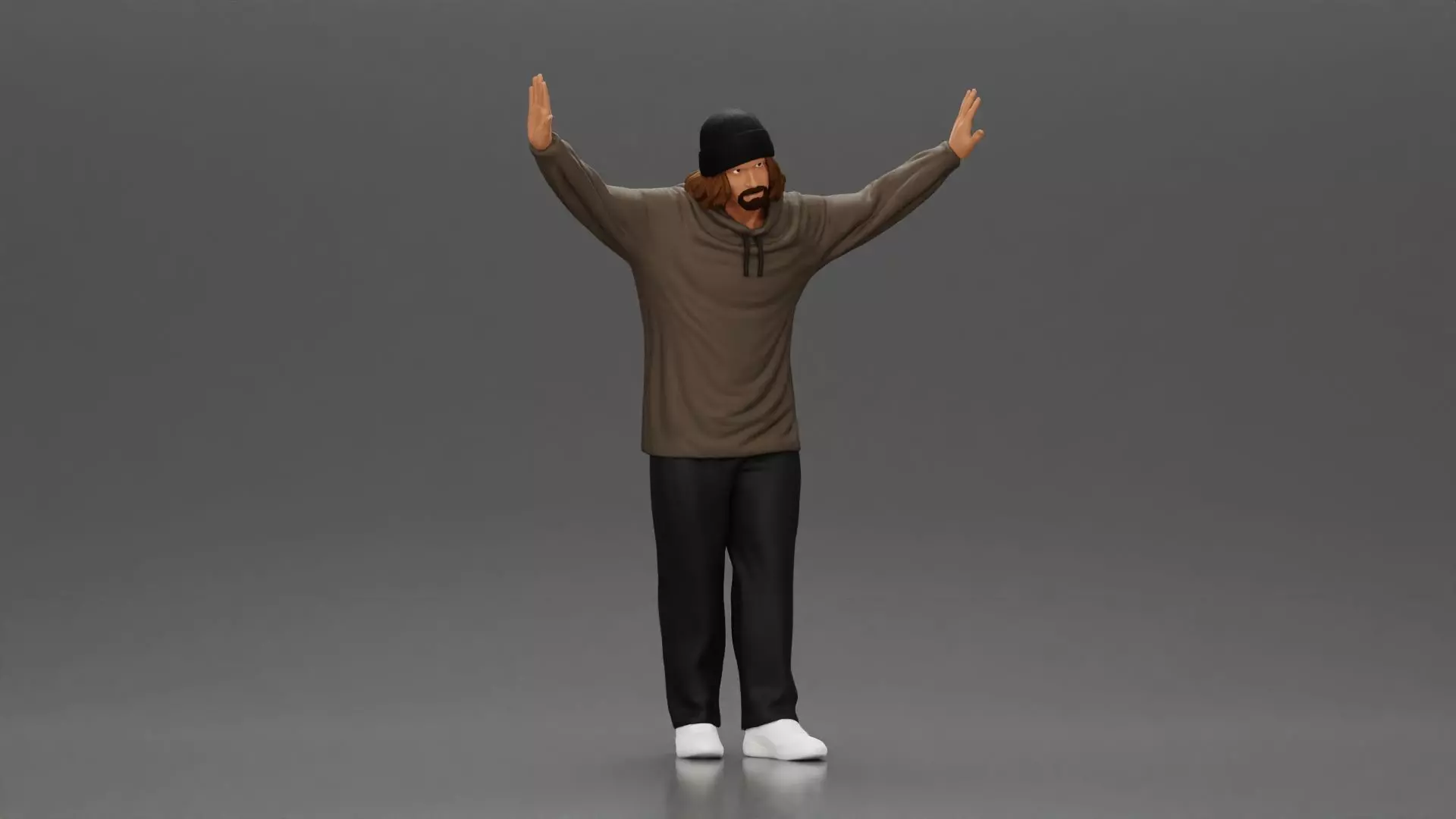 Man wearing hoodie and beanie raises hands looking happy 3D print model_0