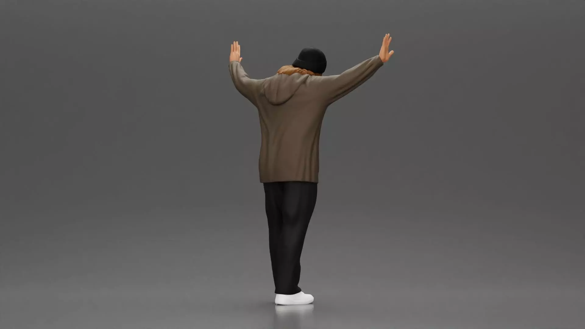 Man wearing hoodie and beanie raises hands looking happy 3D print model_2