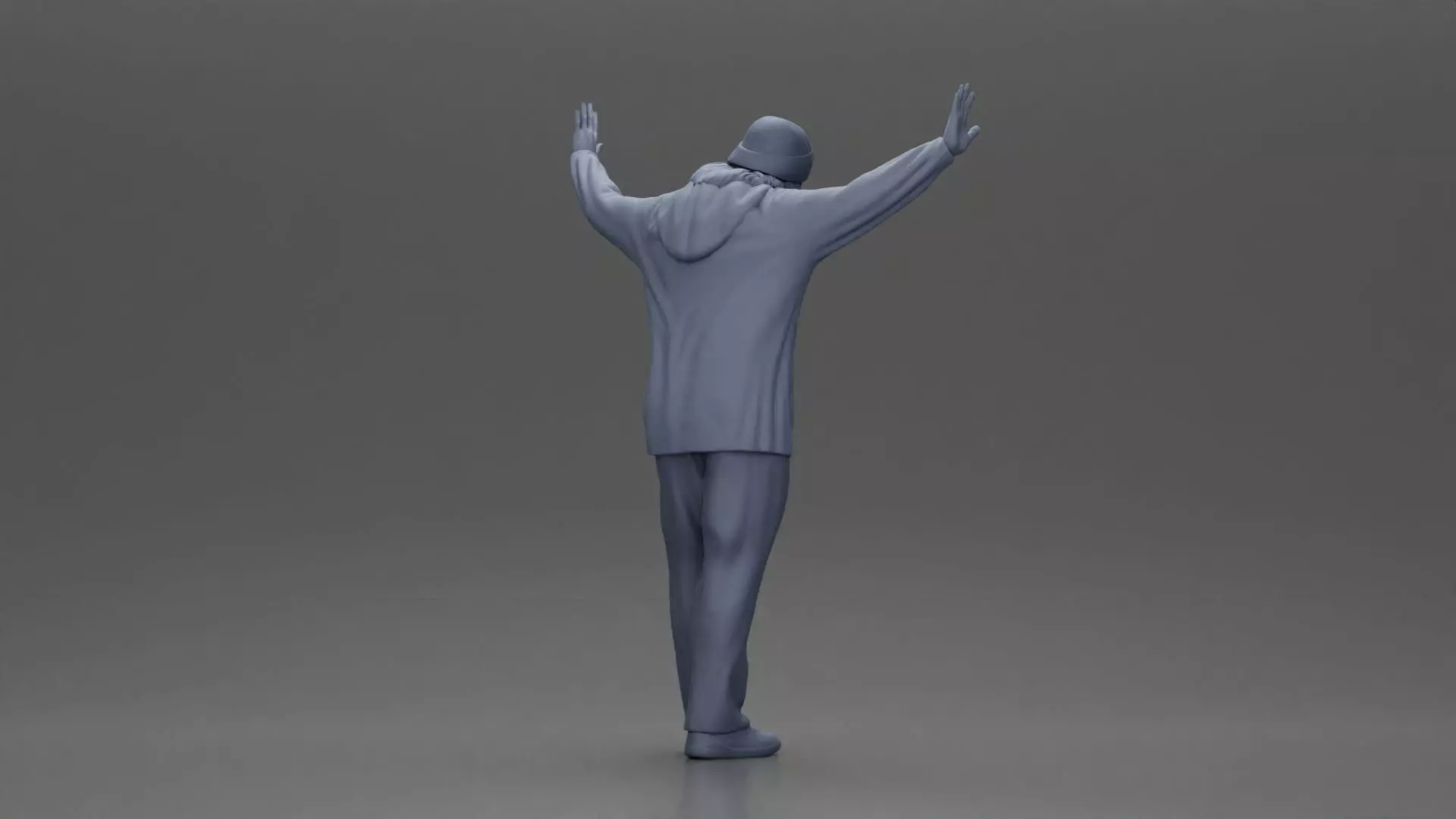 Man wearing hoodie and beanie raises hands looking happy 3D print model_8