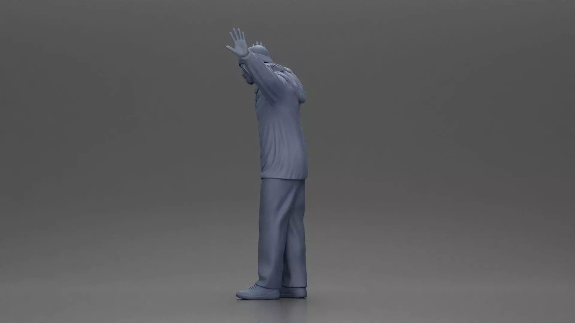 Man wearing hoodie and beanie raises hands looking happy 3D print model_10