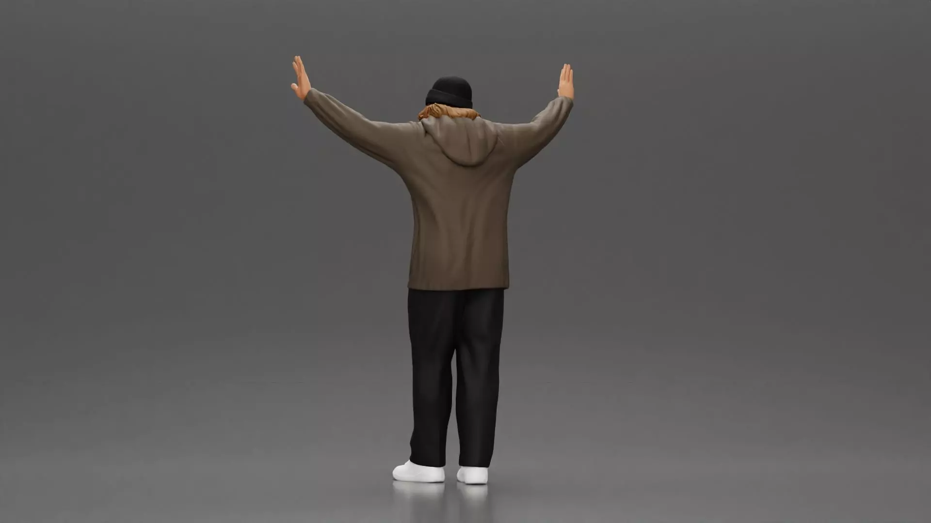 Man wearing hoodie and beanie raises hands looking happy 3D print model_3