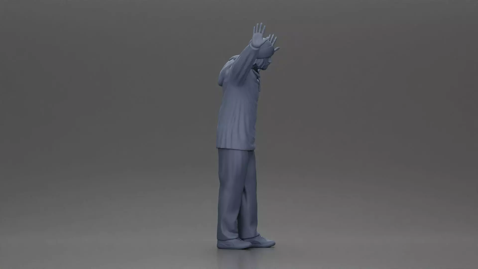 Man wearing hoodie and beanie raises hands looking happy 3D print model_7