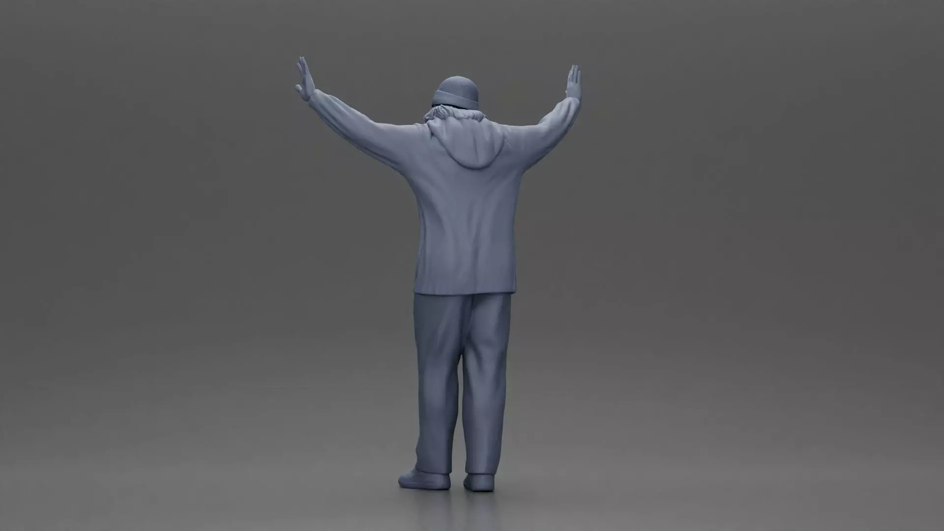 Man wearing hoodie and beanie raises hands looking happy 3D print model_9