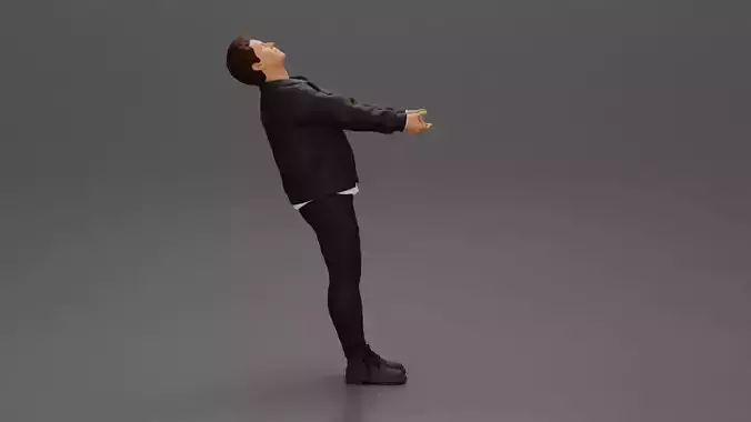 Man in jacket holding hands enjoying a playful dance