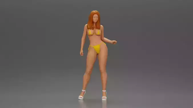 Sexy girl in bikini and heels posing on the beach