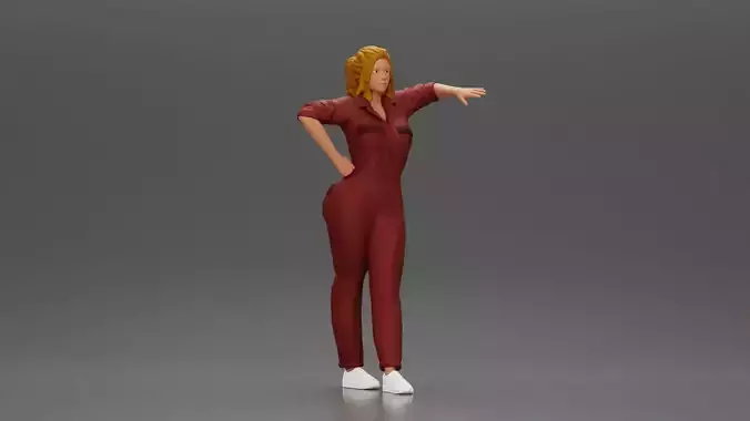 woman in jumpsuit leaning pointing forward ready for action