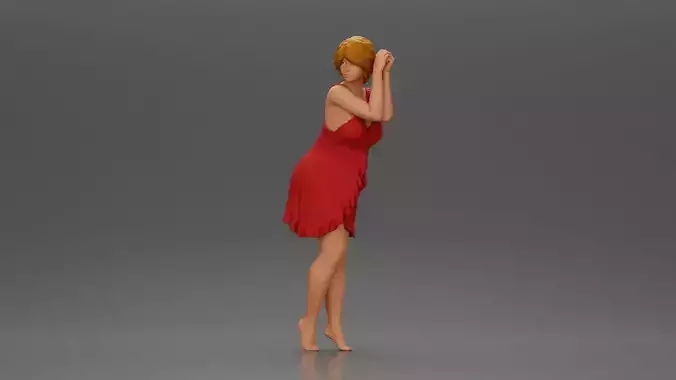 Barefoot woman in red nighty dress strikes graceful elegant pose