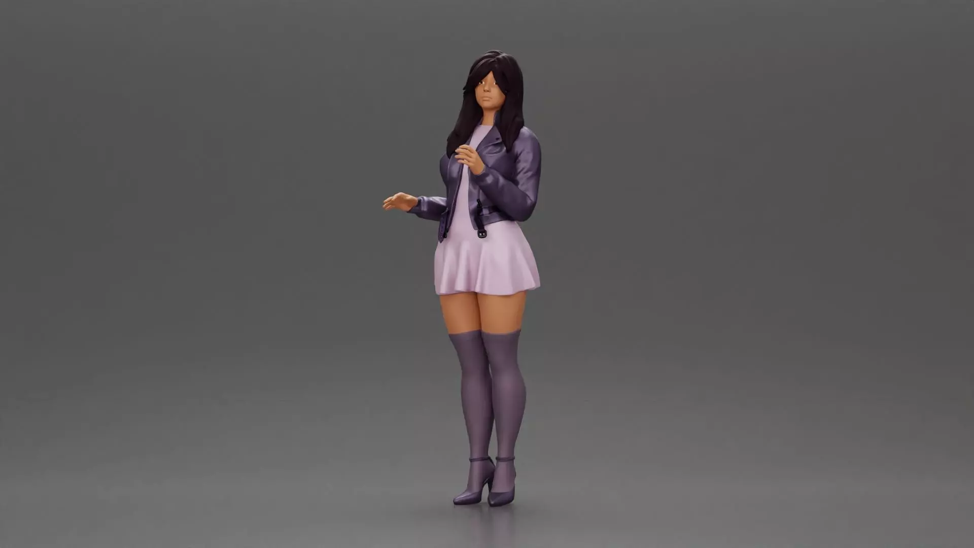 Beautiful girl standing in jacket and dress waiting for someone 3D print model_0