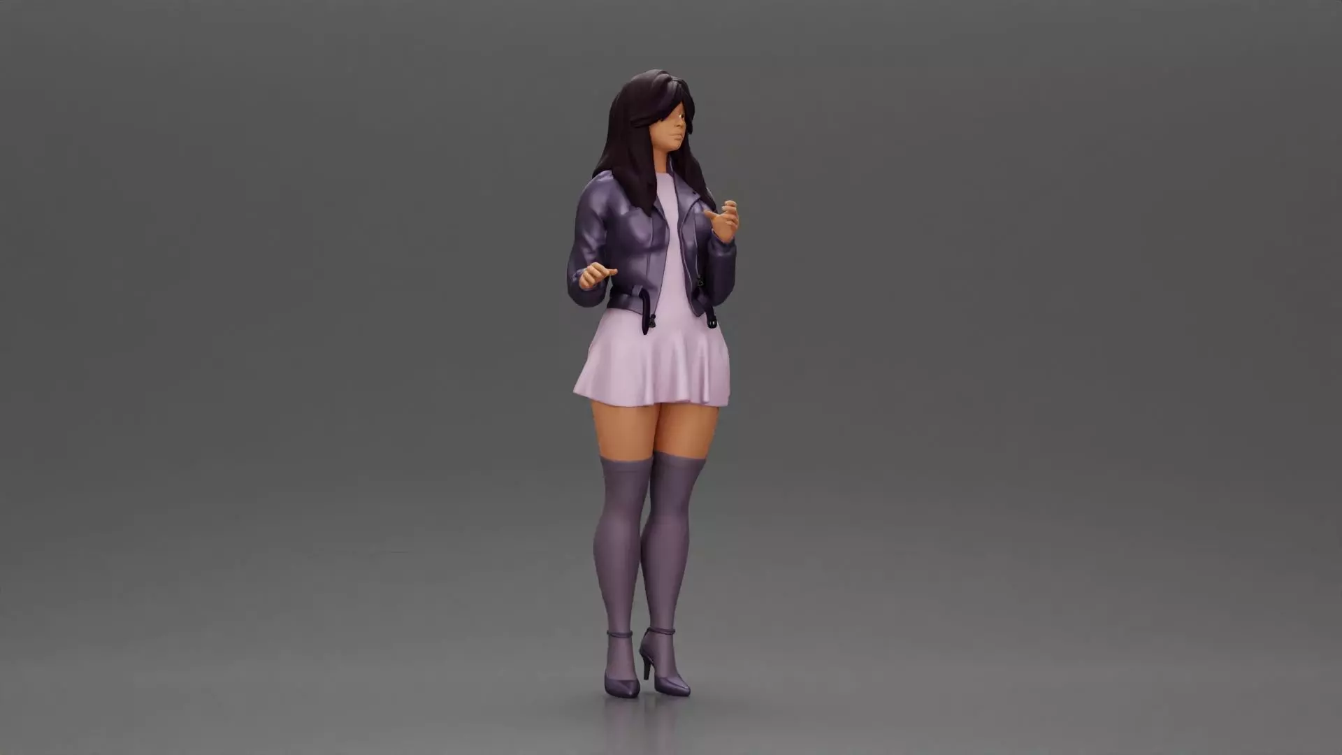 Beautiful girl standing in jacket and dress waiting for someone 3D print model_1