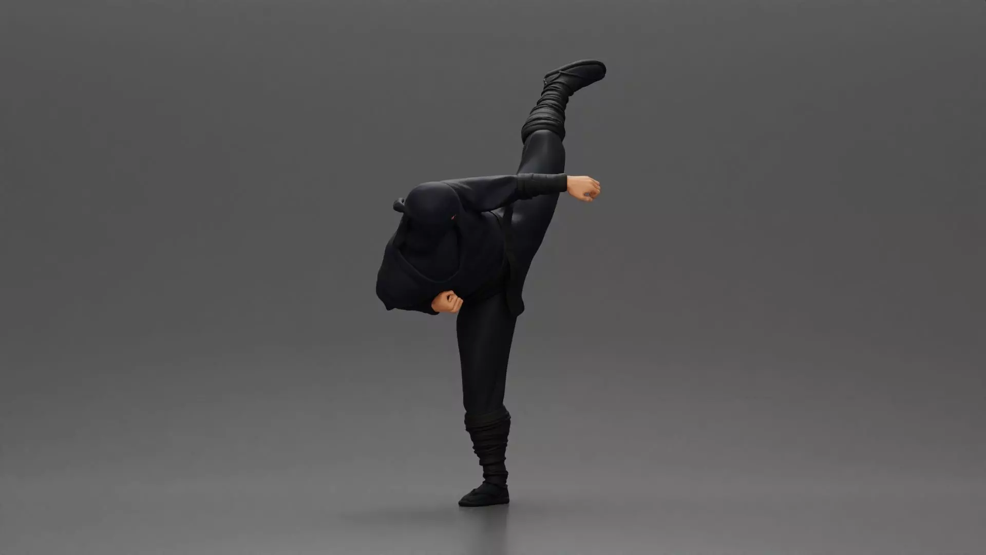 Ninja in black uniform performs high side kick with precision 3D print model_1