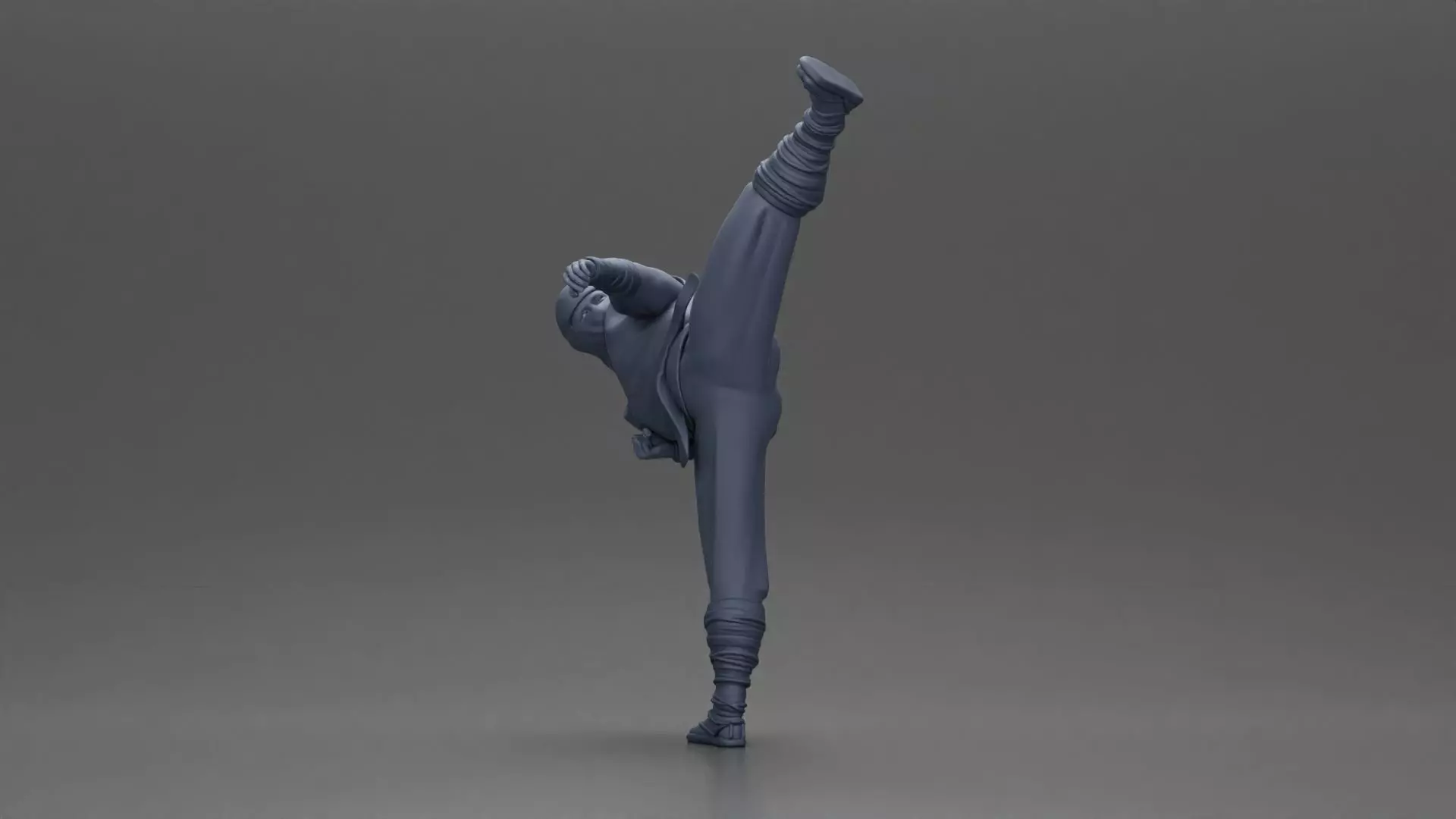 Ninja in black uniform performs high side kick with precision 3D print model_11