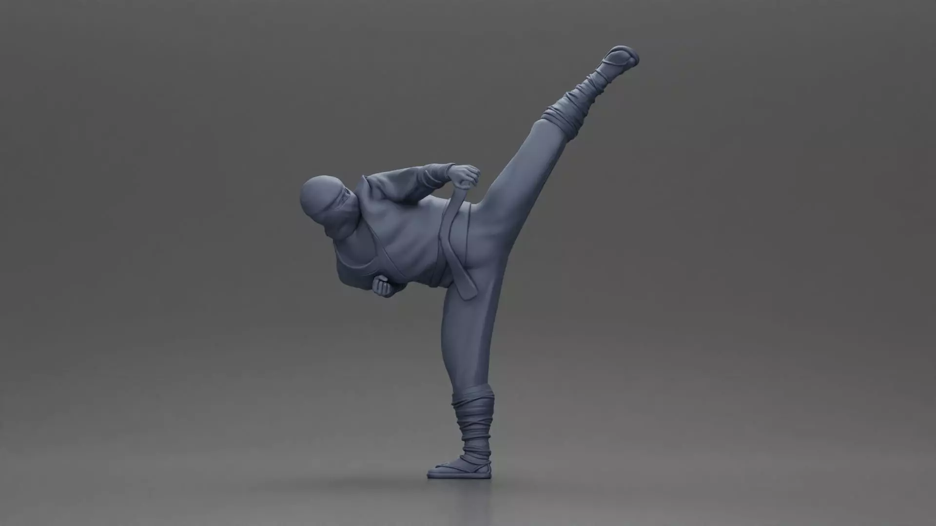 Ninja in black uniform performs high side kick with precision 3D print model_6