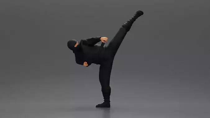 Ninja in black uniform performs high side kick with precision 3D print model