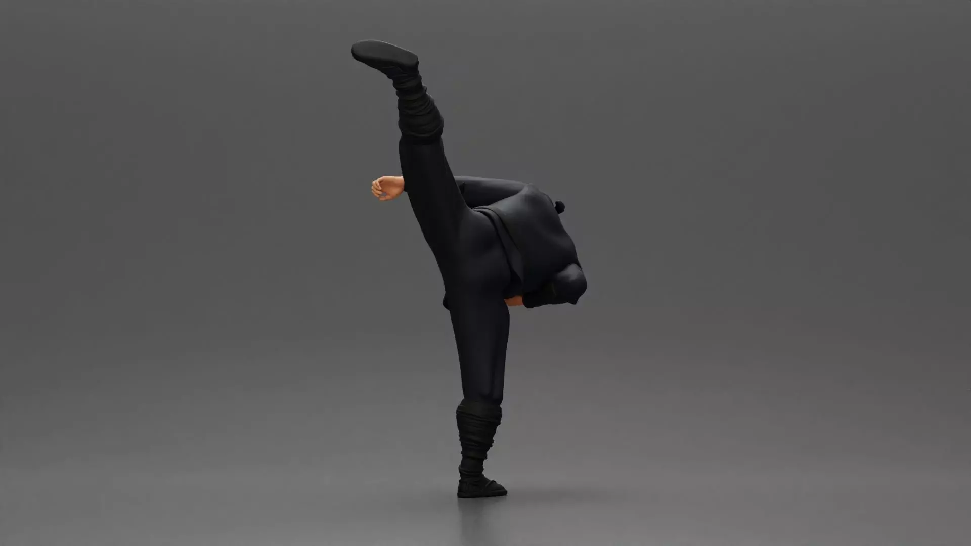 Ninja in black uniform performs high side kick with precision 3D print model_4