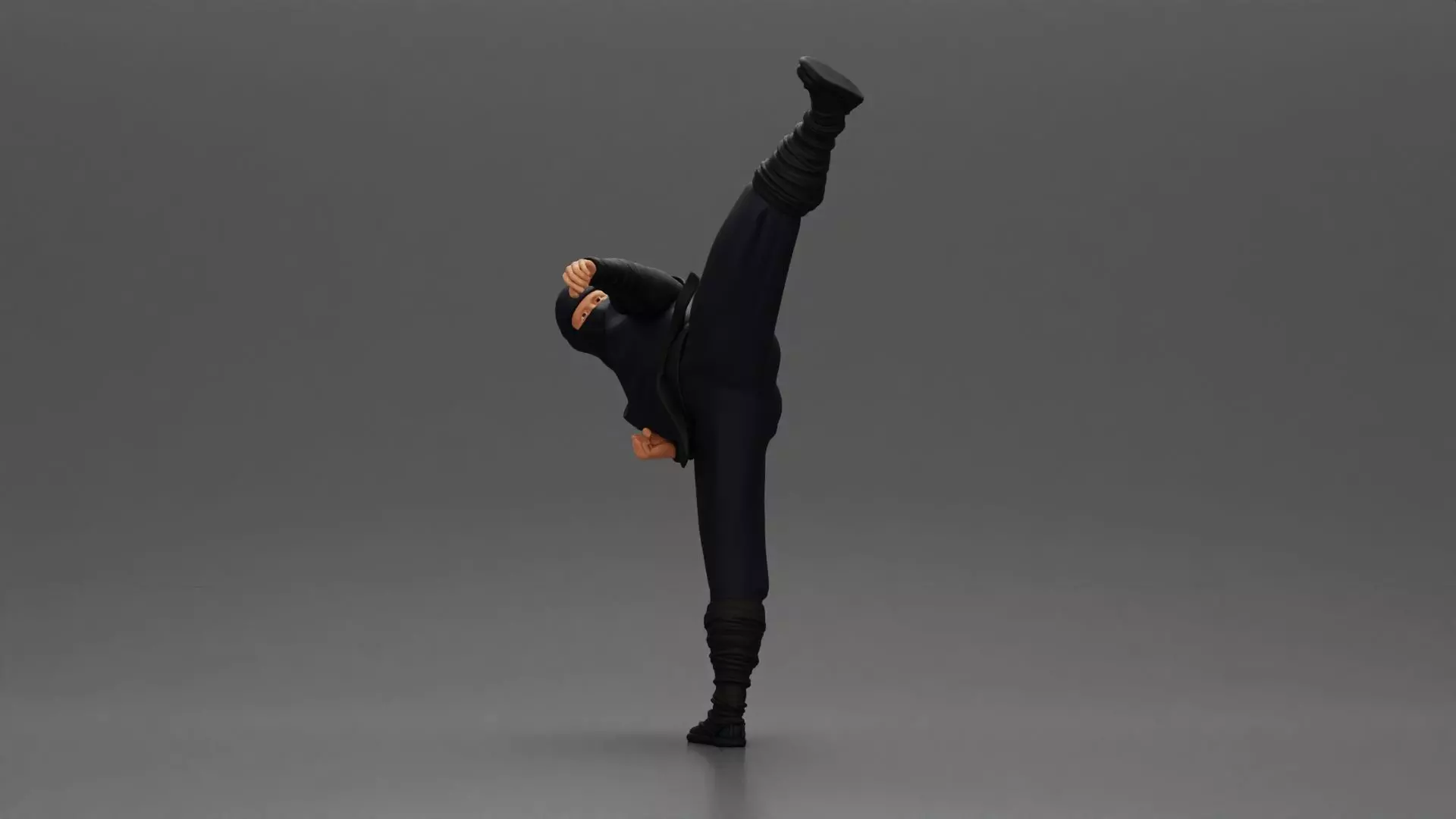 Ninja in black uniform performs high side kick with precision 3D print model_5