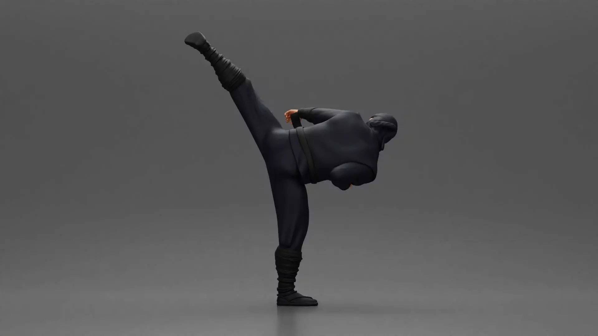 Ninja in black uniform performs high side kick with precision 3D print model_3