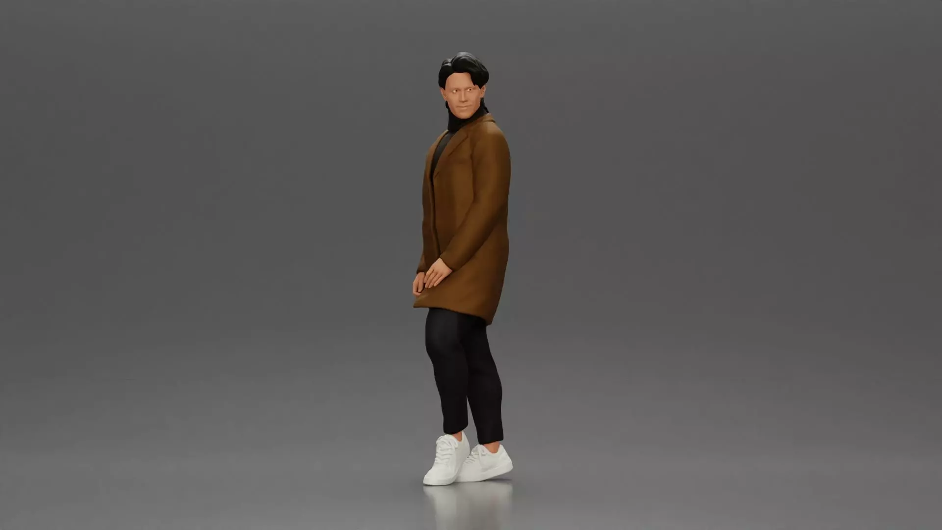 Man in brown coat glances sideways dressed in stylish winterwear 3D print model_5