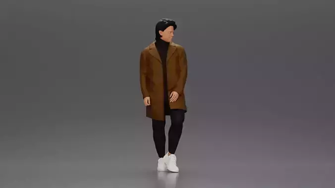 Man in brown coat glances sideways dressed in stylish winterwear 3D print model