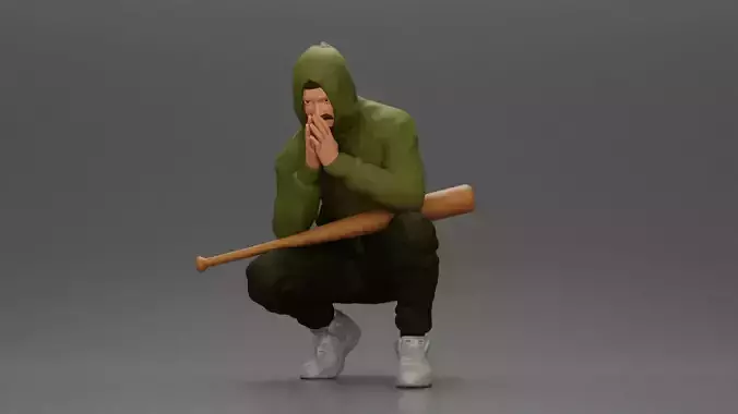Gangster crouching low in green hoodie holding bat planning move 3D print model