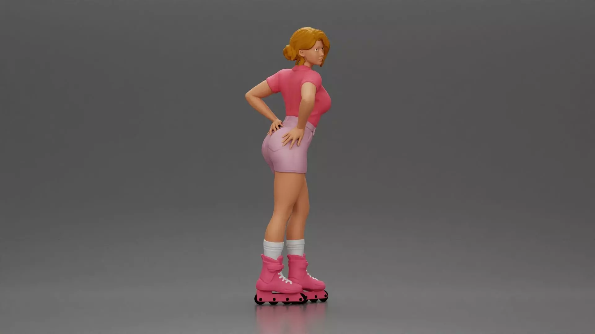 Roller skater strikes pose in pink shirt shorts and skates 3D print model_1