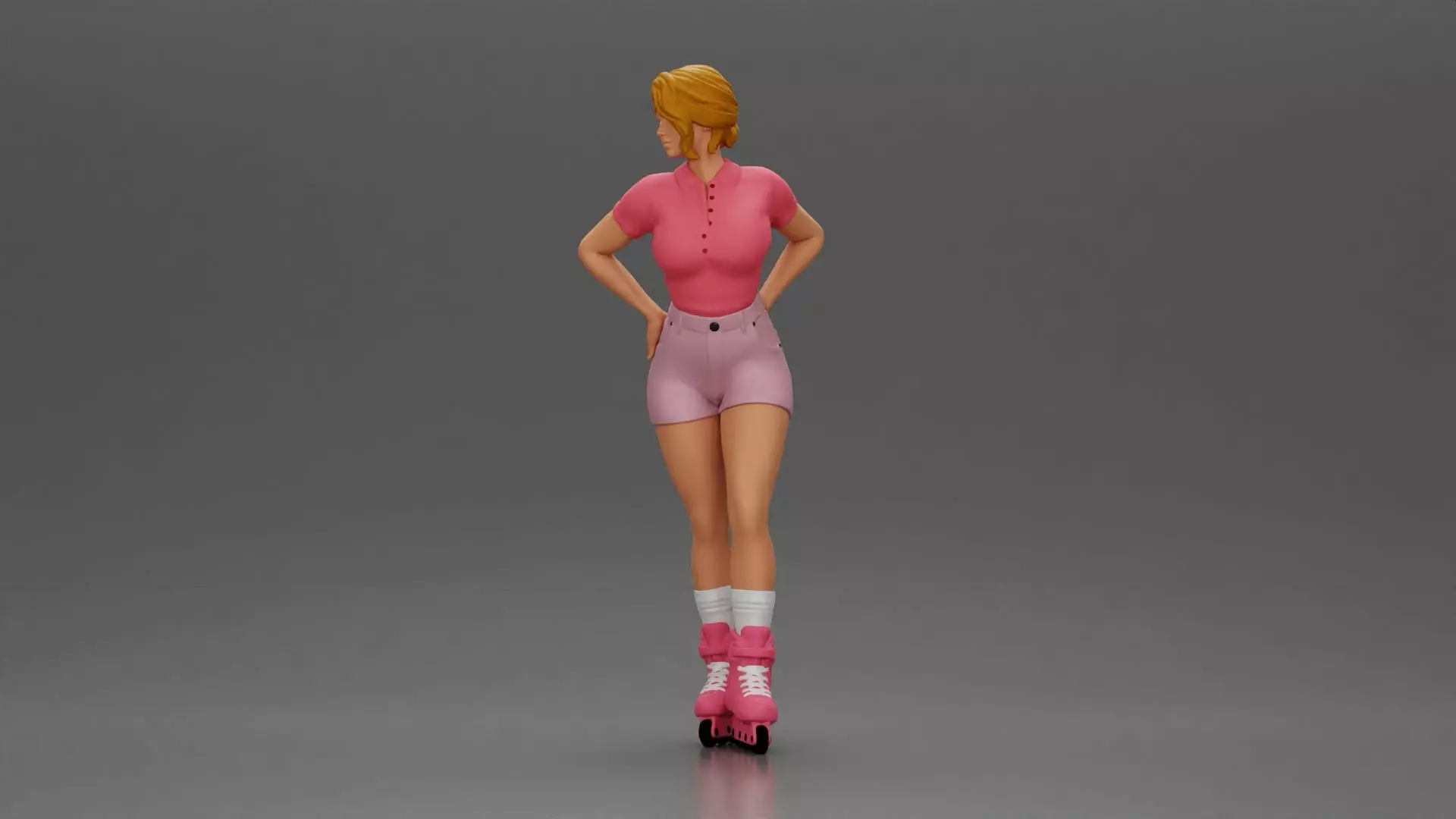 Roller skater strikes pose in pink shirt shorts and skates 3D print model_5