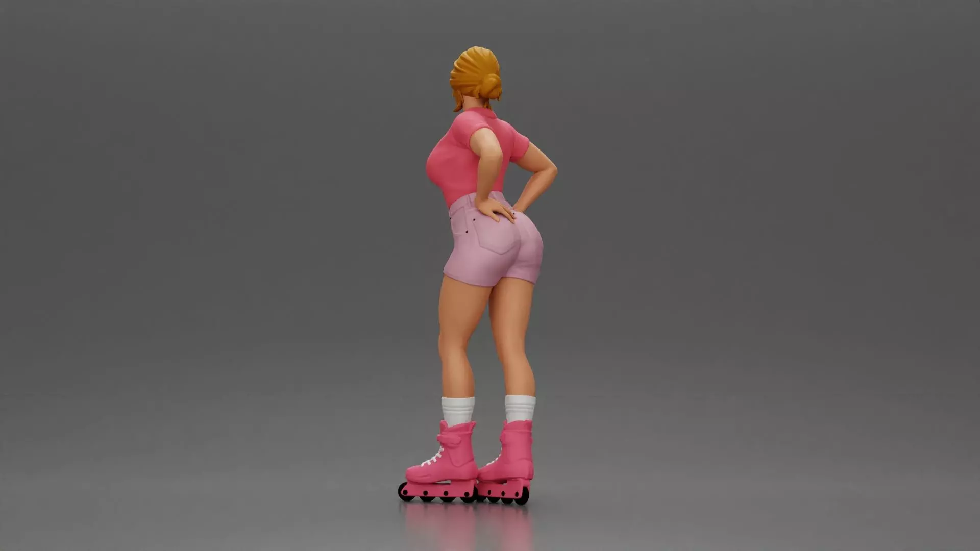 Roller skater strikes pose in pink shirt shorts and skates 3D print model_3
