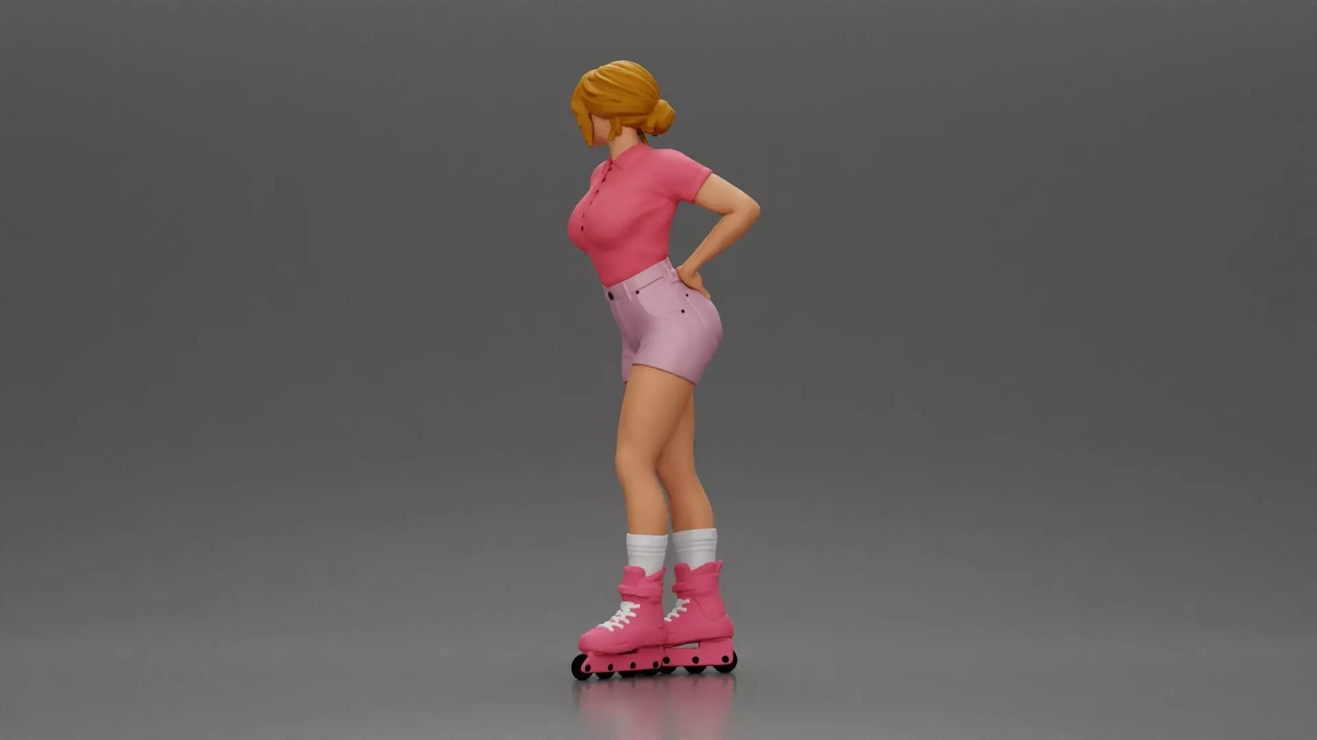 Roller skater strikes pose in pink shirt shorts and skates 3D print model_4