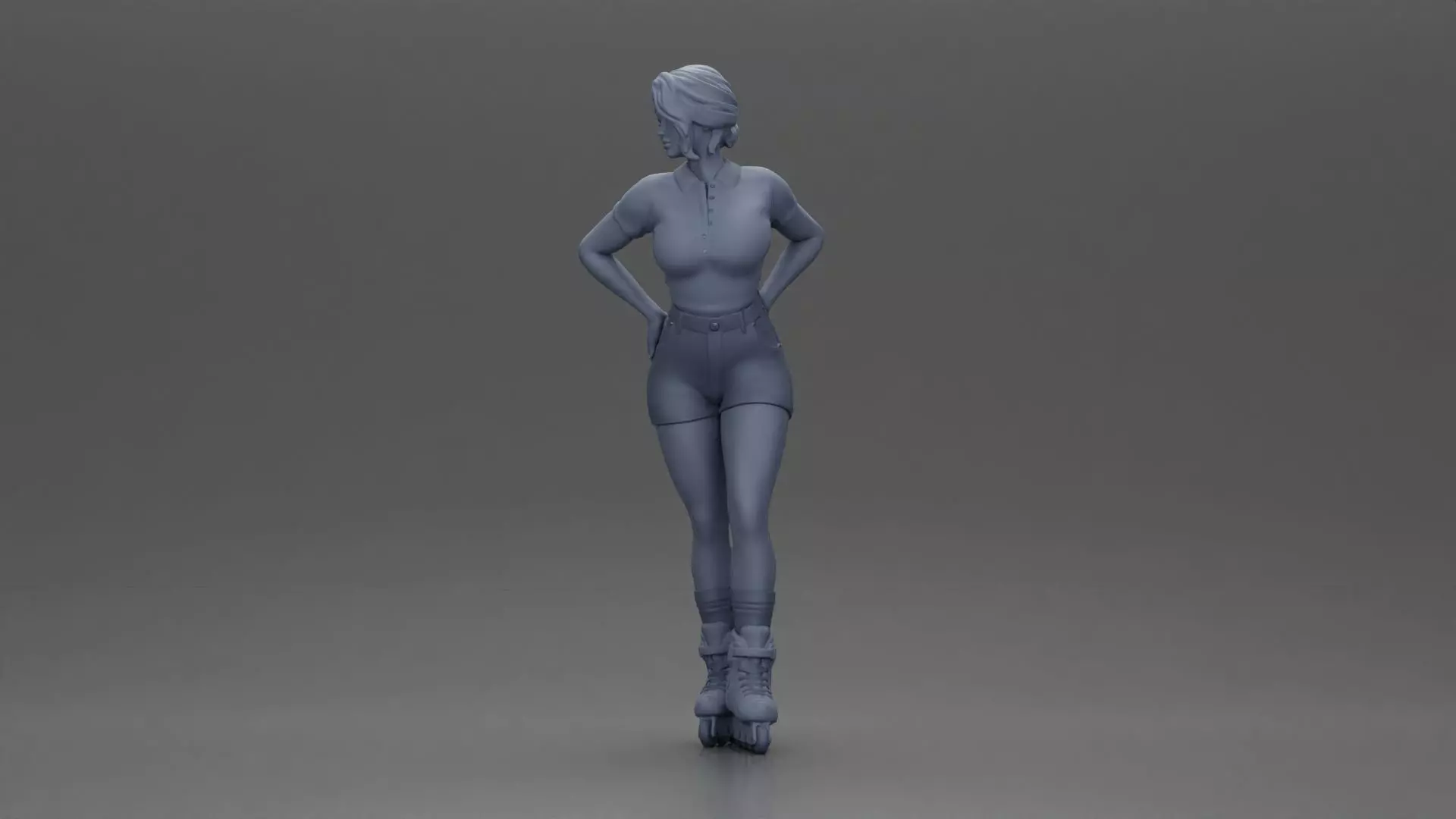 Roller skater strikes pose in pink shirt shorts and skates 3D print model_11