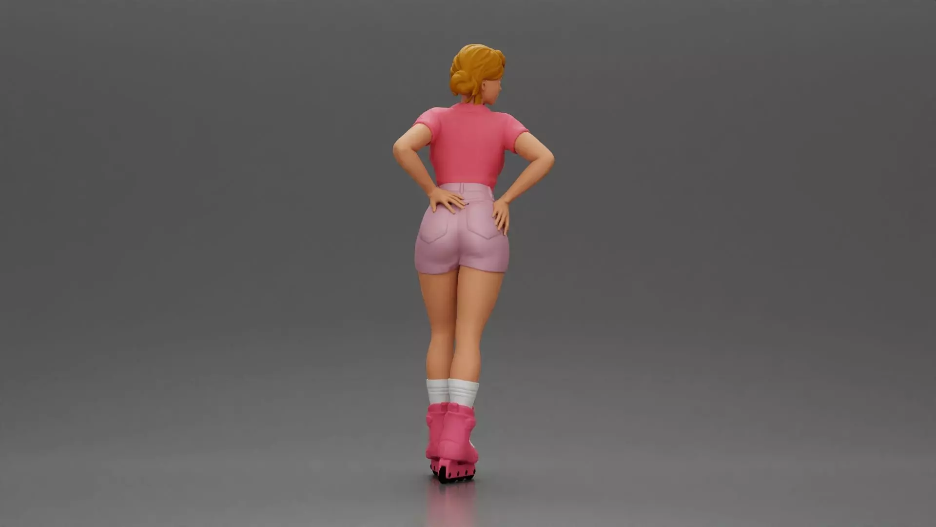 Roller skater strikes pose in pink shirt shorts and skates 3D print model_2