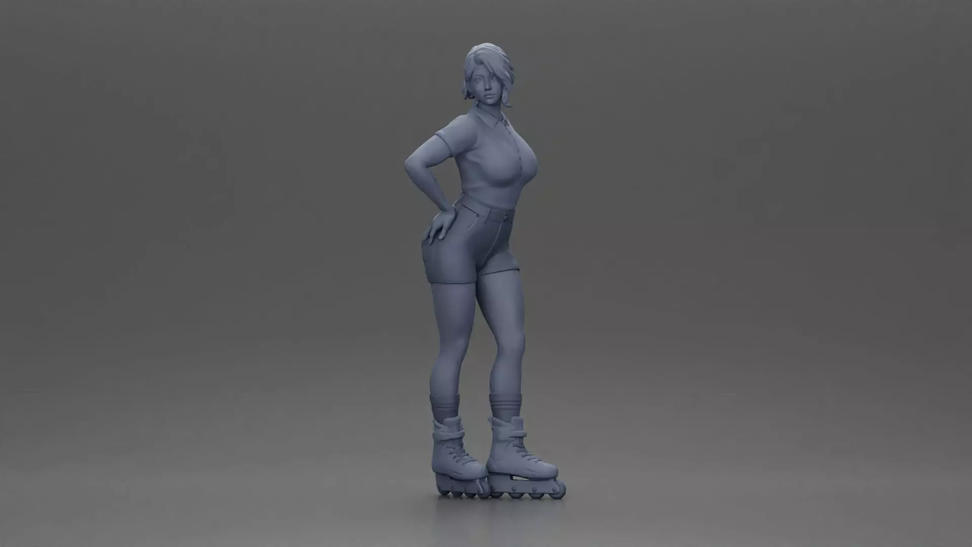 Roller skater strikes pose in pink shirt shorts and skates 3D print model_6