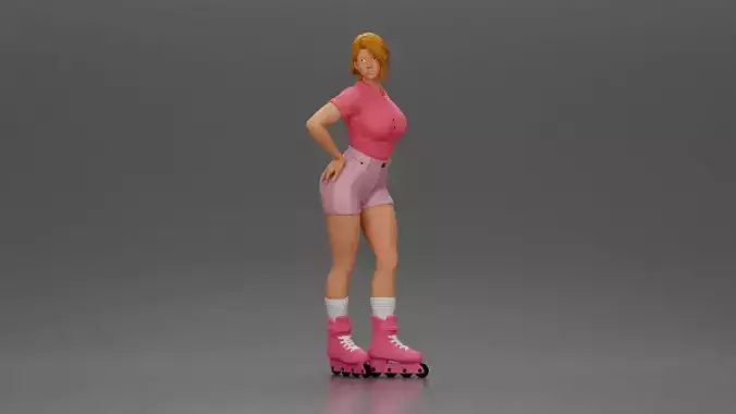 Roller skater strikes pose in pink shirt shorts and skates