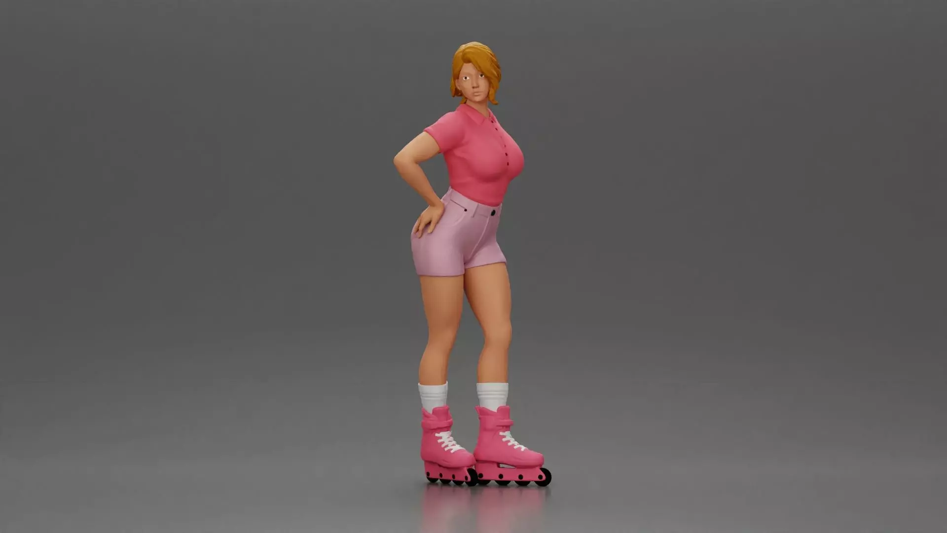 Roller skater strikes pose in pink shirt shorts and skates 3D print model_0