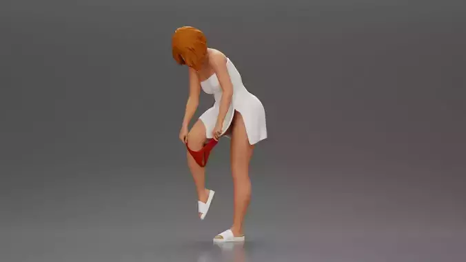 Woman in white towel lifting leg while putting on red underwear 3D print model