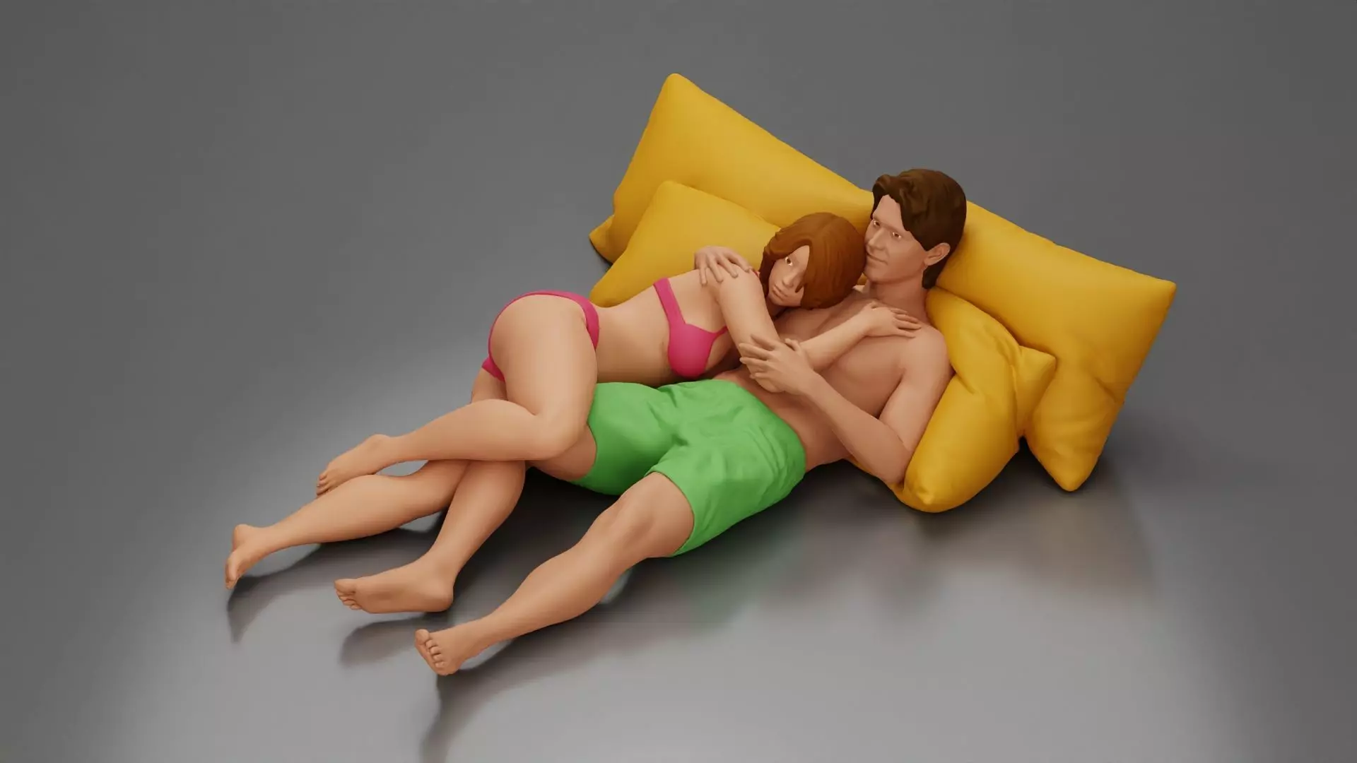 Couple cuddling affectionately on pillows wearing underwear 3D print model_0