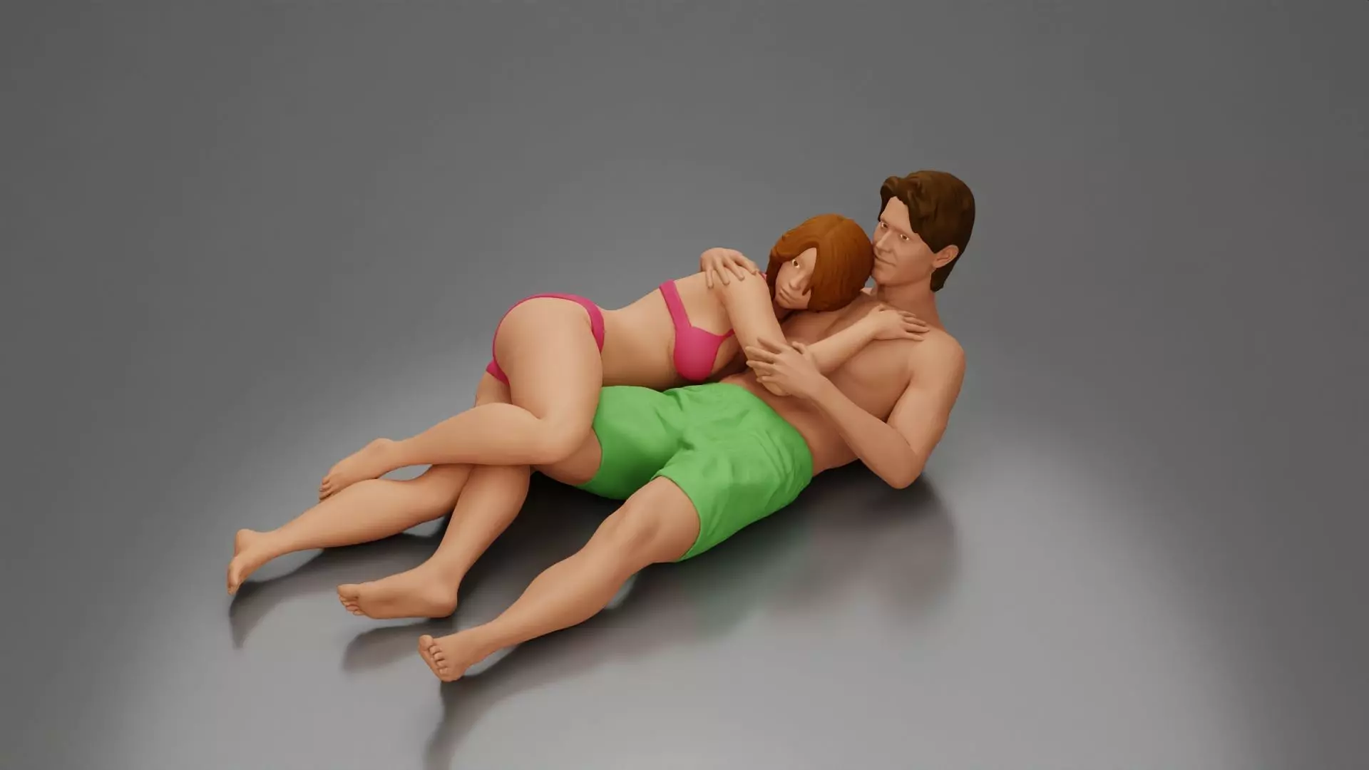 Couple cuddling affectionately on pillows wearing underwear 3D print model_3