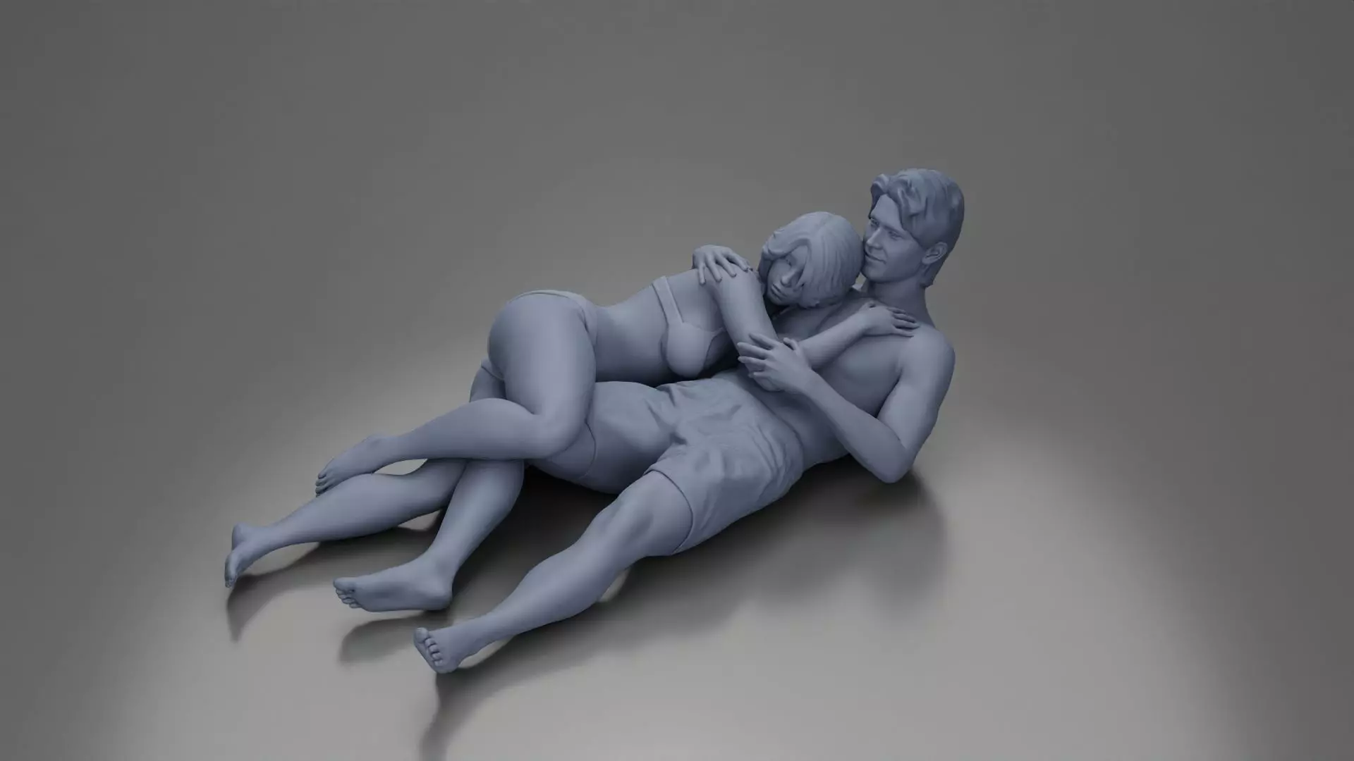 Couple cuddling affectionately on pillows wearing underwear 3D print model_22