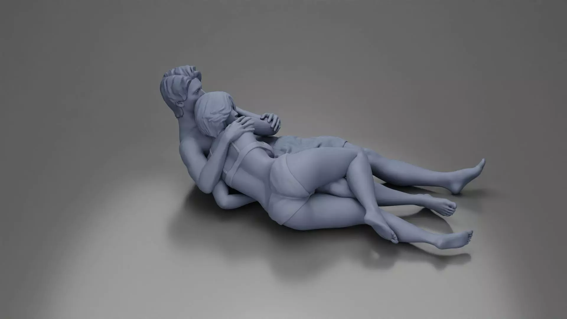 Couple cuddling affectionately on pillows wearing underwear 3D print model_24