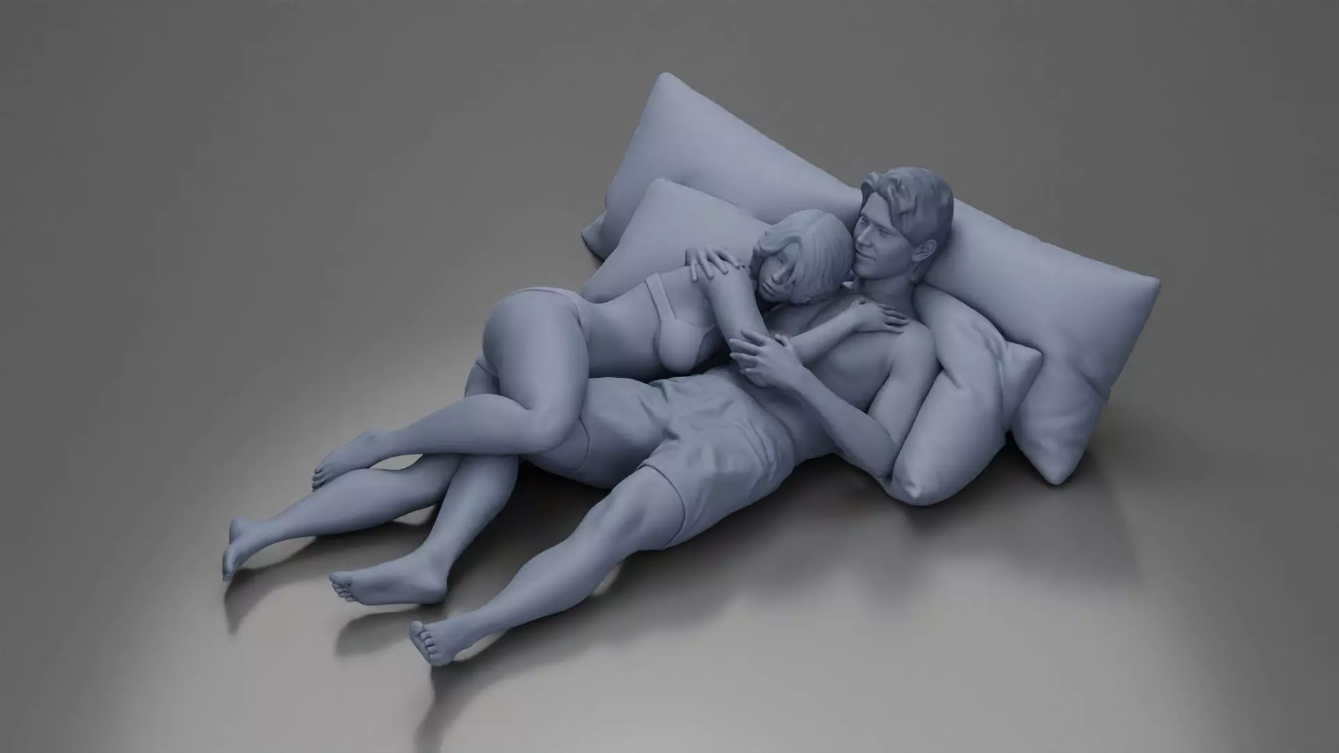 Couple cuddling affectionately on pillows wearing underwear 3D print model_16