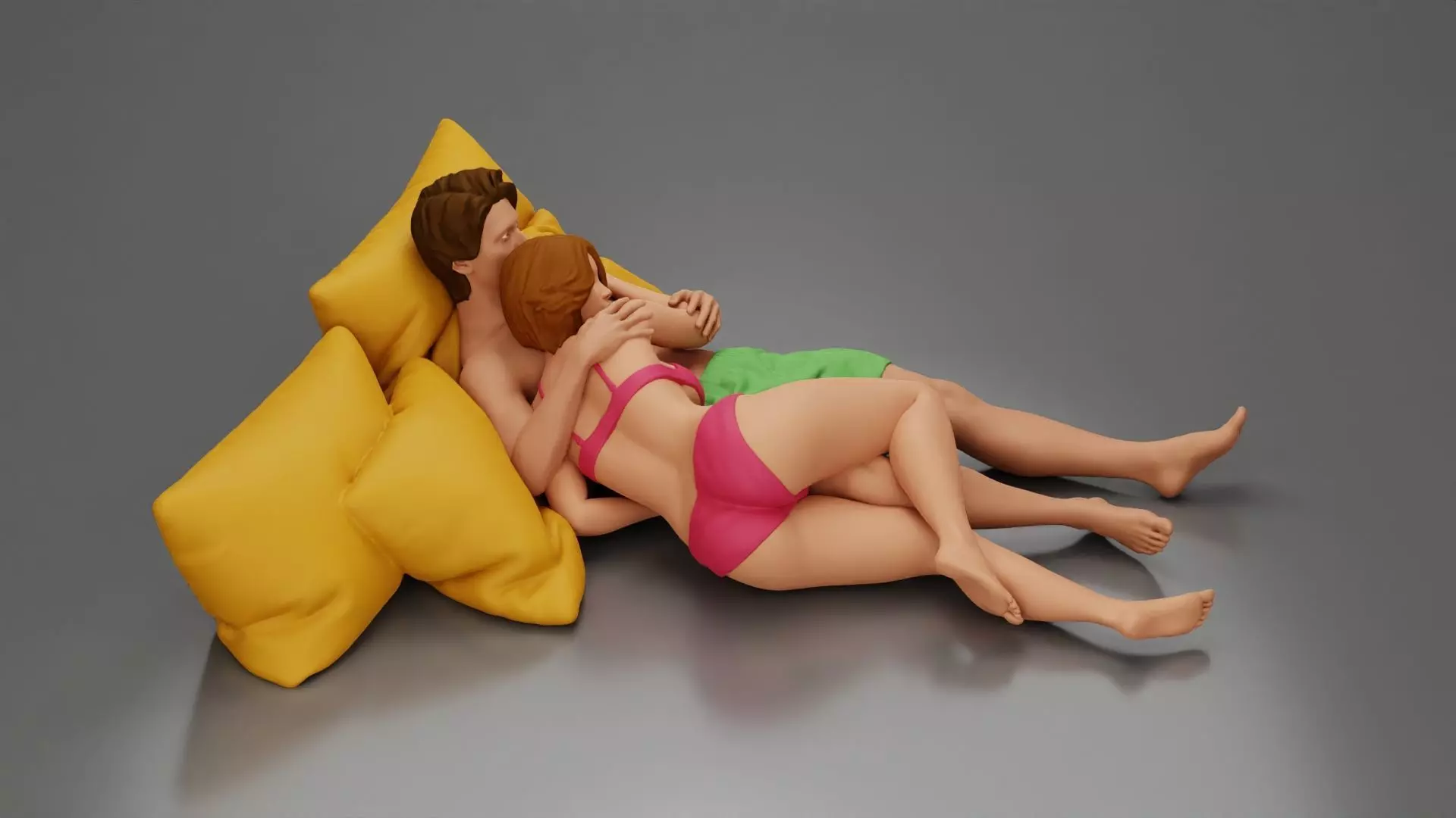 Couple cuddling affectionately on pillows wearing underwear 3D print model_7