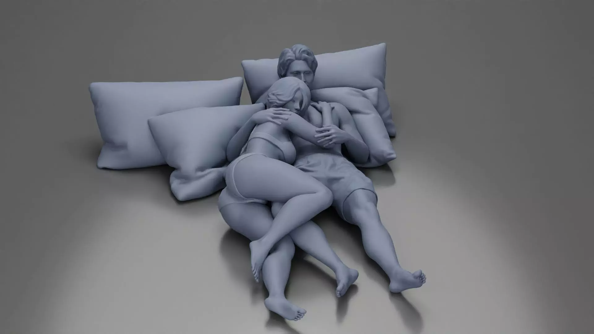 Couple cuddling affectionately on pillows wearing underwear 3D print model_17