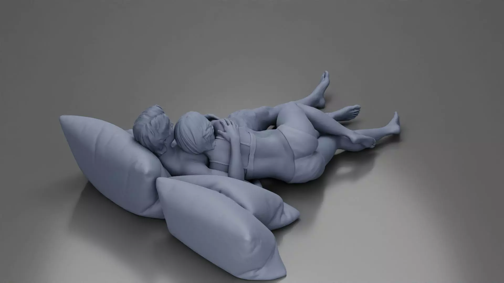 Couple cuddling affectionately on pillows wearing underwear 3D print model_19