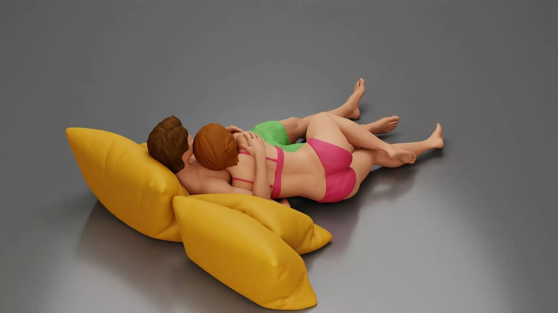 Couple cuddling affectionately on pillows wearing underwear 3D print model_8