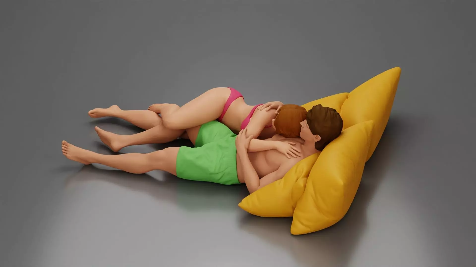 Couple cuddling affectionately on pillows wearing underwear 3D print model_10