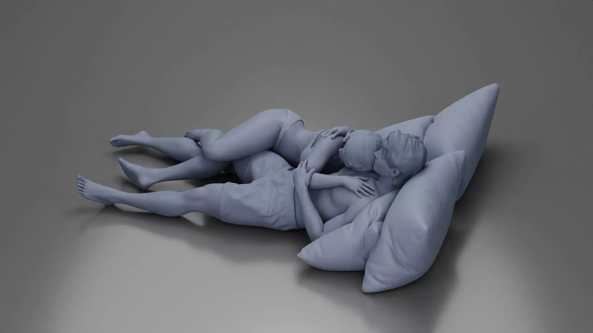 Couple cuddling affectionately on pillows wearing underwear 3D print model_21
