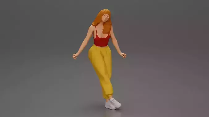 Woman sitting on car in red top yellow pants striking playful 3D print model